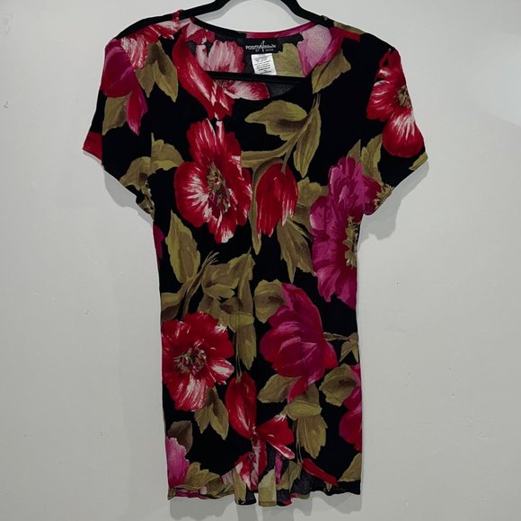 Positive Attitude Tops - Vintage Positive Attitude Petite Black and Red Large Floral Print Blouse Size 14